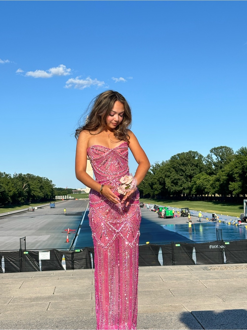 Strapless Pink Beaded Prom Gown